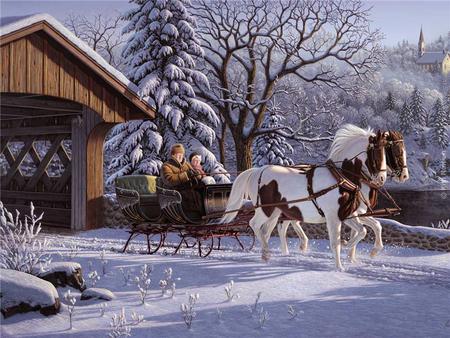 Crisp Winter Ride - covered, trees, winter, snow, man, horse, fresh, white, horses, woman, sled, bridge