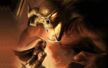 Elf Vs. Demon - combat, art, elf, hero, warrior, fantasy, demon