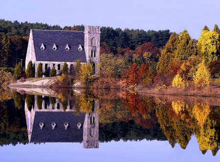 Little stone church - calm, reflections, trees, stone, autumn colors, church, mountain, lake, blue roof