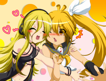 Kagamine Rin & Lily - pretty, blushing, anime, vocaloid, heart, yellow, rin, kagamine rin, yellow hair, yellow eyes, kagamine, beautiful, lily, girls, cute, headset, vocaloids, yuri, hearts