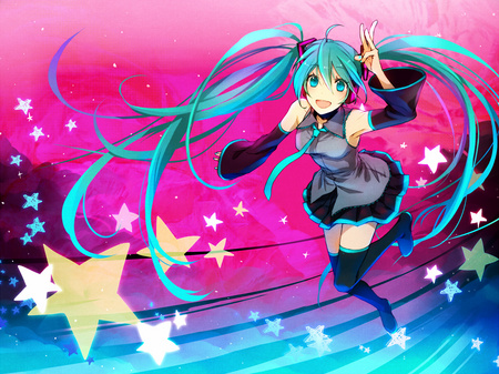 Hatsune Miku - pretty, anime, vocaloid, blue, twintail, hatsune miku, pink, stars, blue hair, blue eyes, beautiful, girl, colorful, miku, cute, hatsune, vocaloids