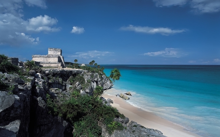 Mayan Riviera Tulum - beach, sky, calm, ruins, mayan, blue, beautiful, clouds, formations, rock, sea