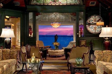 A Stunning Room - couches, chairs, stain glass windows, ocean view, living room, lamps