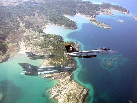 tom and migs - tomcat, sky, planes, airplane, aircraft, sea