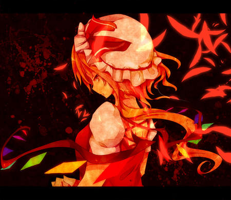 The heart is a sinful thing.. - blood, flandre scarlet, blonde hair, red eyes, short hair, vampire, touhou, wings, ribbon, feathers