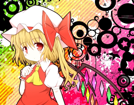 Flandre - vampire, short hair, touhou, flandre scarlet, wings, ribbon, blonde hair, red eyes