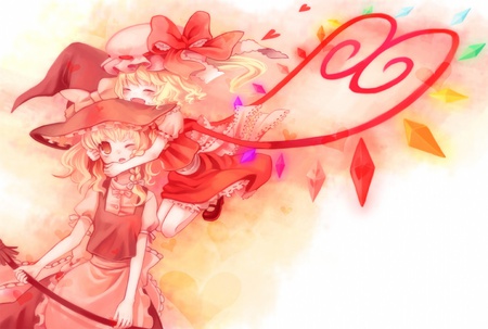 Flandre loves Marisa! - yellow eyes, blonde hair, long hair, red eyes, short hair, witch, vampire, touhou, wings, cute, kirisame marisa, hug