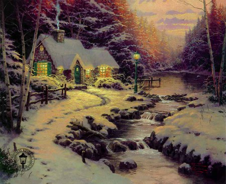 A Glow In The Air - cottage, cold, evening, stream, winter, chill, country