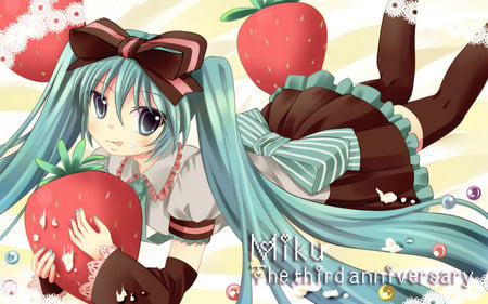 Hatsune Miku - hatsune miku, strawberry, blue eyes, twintail, colorful, hatsune, vocaloids, blue hair, bow, pretty, red, vocaloid, blue, anime, miku, cute