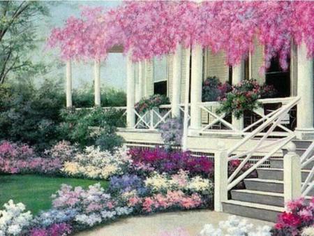 Spring Is In The Air - landscaped, porch, gardens, flowers, serenity