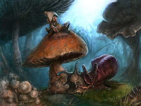 Snail Rider - snail, mushroom, fantasy, dwarf