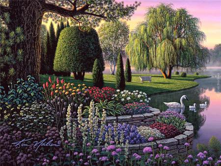 Swan Park - flowers, trees, swans, setting, gardens, lake