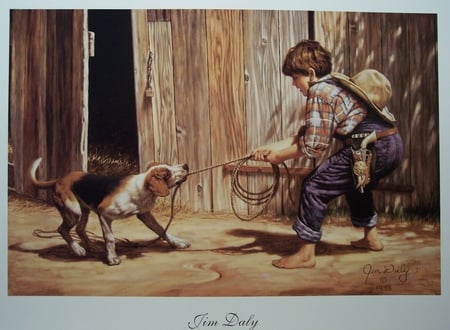 Cowboy Buckaroo - rope, tug of war, boy, dog, struggle, barn