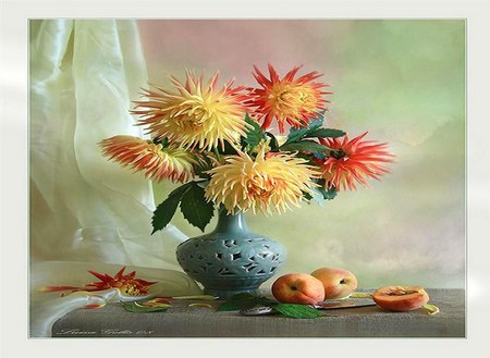 Blooms  - still life - coral, peaches, yellow, blue, table, flowers, vase