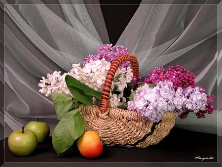 still life - nice, photography, bouquet, basket, still life, fruit, white, purple, cool, pink, beautiful, flowers, lilac, apple, photo, flower