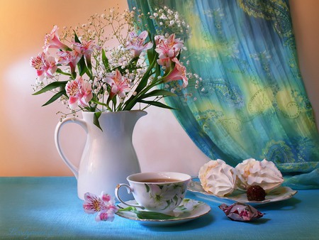 still life - lilies, gentle, flowers, nice, abstract, beauty, colors, still life, feminine, flower, jug, drink, wonderful, nature, cakes, cup, elegant, cup tea, sweets, photo, still live, color, gradient, vase, beautiful, photography, tea, cool, flower bouquet, colorful, harmony, cookies, candy