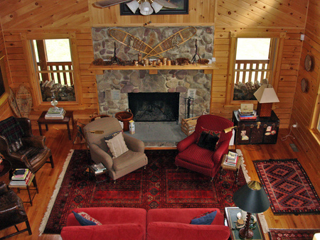 A Warm And Cosy Room - stone, wood, tables, rug, fireplace, chairs, couch