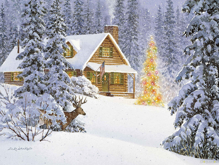 Deep In Snow - pines, winter, christmas tree, cabin, lights, deer, snow