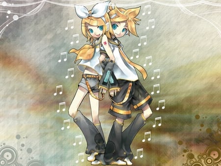 Kagamine Rin & Kagamine Len - kagamine rin, song notes, colorful, notes, yellow hair, vocaloids, len, rin, pretty, kagamine, twins, vocaloid, anime, cute, kagamine len