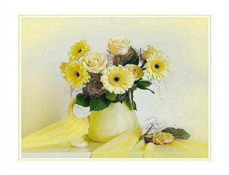 Sunny - still life - roses, flowers, daisies, table, yellow, arrangement