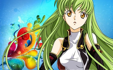 C.C - code, anime, cc, blue, beautiful, hot, beauty, green hair, flowers, colorful, geass, red, green, cute, sexy