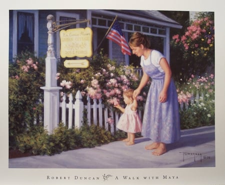 Some Of Her First Steps - flowers, house, sign, sidewalk, mother, baby, fence