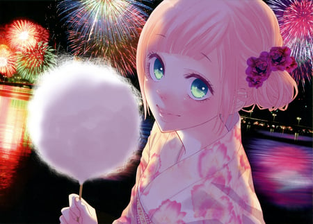 look at those fireworks and look at me - lake, girl, kimono, cute, fireworks, fanart