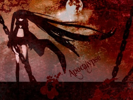 Apocalypse - blood, moon, blaze blue fire, anime, blue, planet, twintail, earth, black rock shooter, apocalypse, chains, red, brs