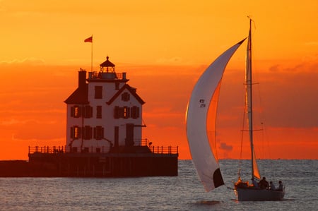 Sailing Into the Sunset - sailing, sunset, ocean, boat