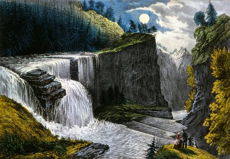 Currier and Ives - moon, waterfalls, rock, cliffs, mountains