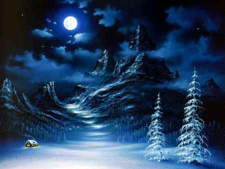 Cold Winter Scene - clouds, moon, winter, cabin, puffy, night, pines, white, mountains