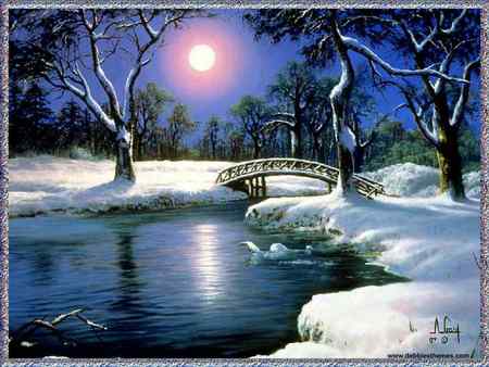 Winter Moon - moon, river, clean, blue, cold, snow, bridge