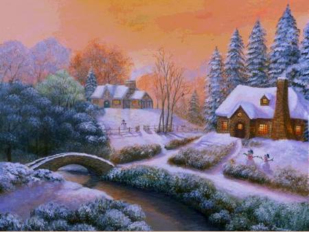 Winters Magic - river, flowing, frosted pines, orangey sky, cottage, bridge