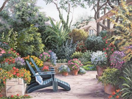 In A Carmel Garden - house, wooden lounge chairs, pots, trees, stone, bushes, flowers, ferns, garden, wall