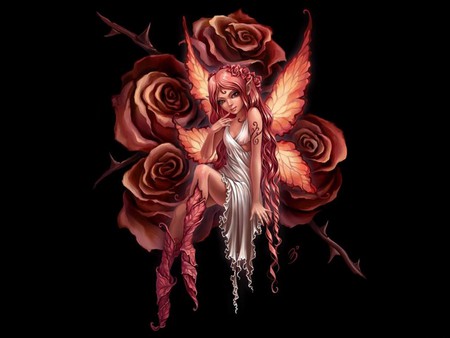 ROSE FAIRY - elves, roses, wings, stockings, rose, fantasy, petals, orange, thorn, smlie, girl, red, leaves, fairy, flowers, flower, amber