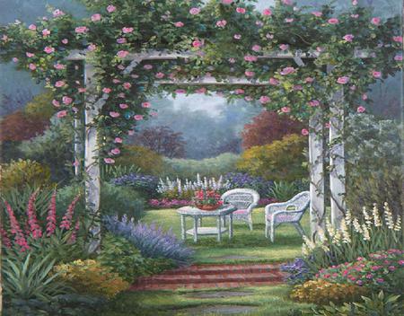 Archway with Roses - roses, trees, vines, flower arrangement, table, lawn, grass, brick steps, trellis, lawn chairs