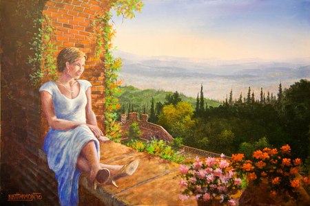 Tuscany Vista - woman, sky, view, flowers, land, relaxed, enjoying