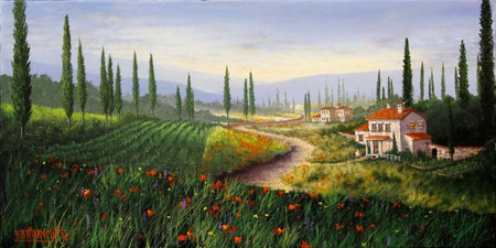 Tuscany Poppies - trees, poppies, fields, thin, italy, farm, home, tall