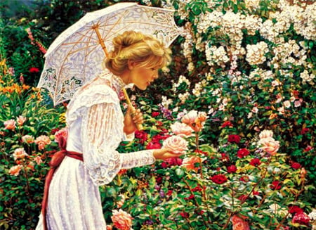 Victorian Garden - flowers, lace umbrella, lady, woman, garden, painting, blond, lace dress