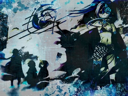 Black Rock Shooter - anime, vocaloid, blue, twintail, staff, hatsune miku, flower, black rock shooter, colorful, blaze fire blue, miku, vocaloids, brs