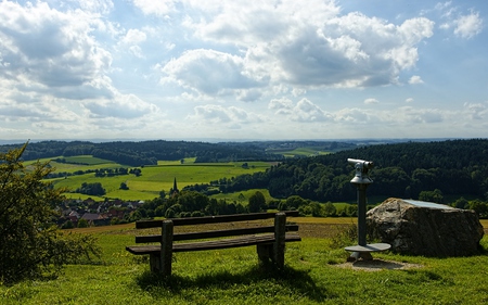 Beautiful View - beauty, sky, trees, peaceful, bench, view, clouds, green, house, grass, houses, landscape, hills, nature, village, woods, forest, beautiful