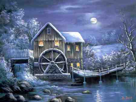 The Frosty Mill - pretty, moon, trees, mill, evening, ice, cold, lake, sky