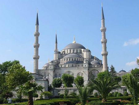 Mosque in Turkey - large, palms, blue, religion, worship, pray, grounds, domes, islam