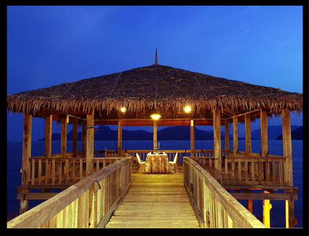 A Romantic Evening - view, ocean, table, chairs, gazebo