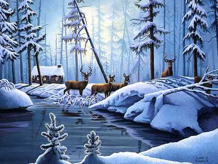 Silent Passage - winter, cabin, deer, serene, wilderness, quite, snow, lake