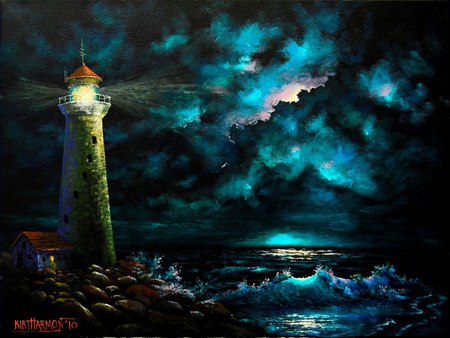 Shine On - storm, clouds, lighthouse, night, gloomy, dark