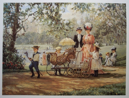 A Walk In The Park - mothers, pretty, children, carriages, water, park, strolling, playing