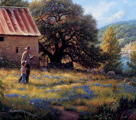 going fishin - man, boy, tree, flowers, barn, country