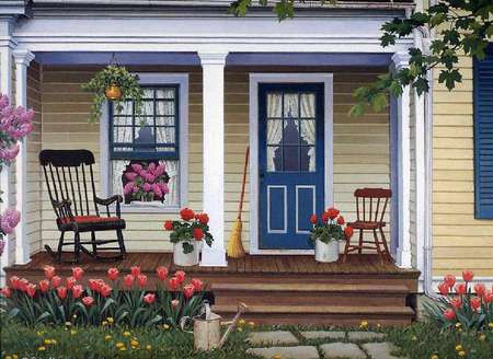 country welcome - watercan, window, porch, door, flowers, chairs