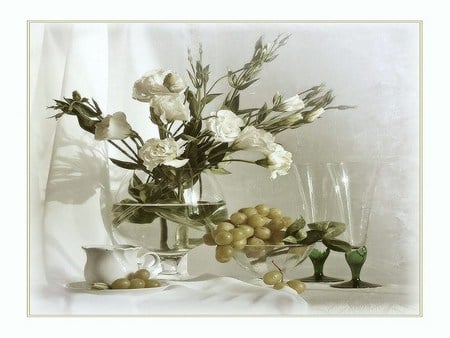 Beauty of white - curtain, flowers, grapes, soft green, white roses, wine glasses